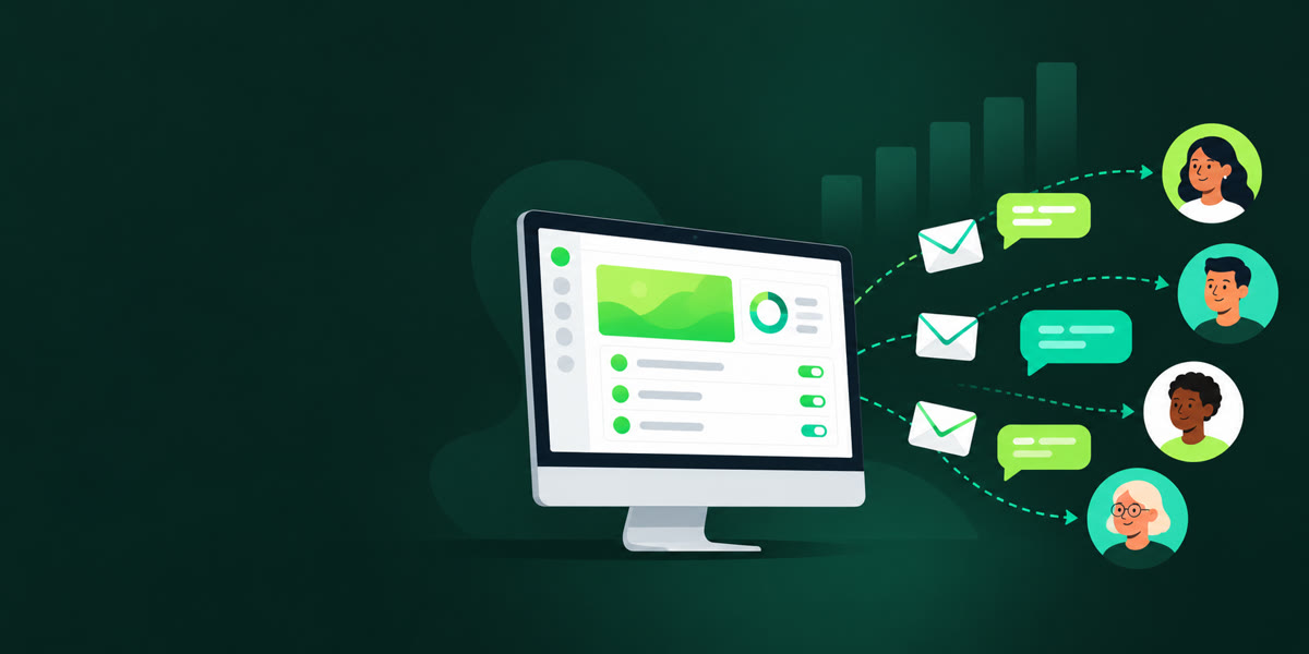 Ilustração de campanhas de e-mail e WhatsApp saindo do Hub para os contatos