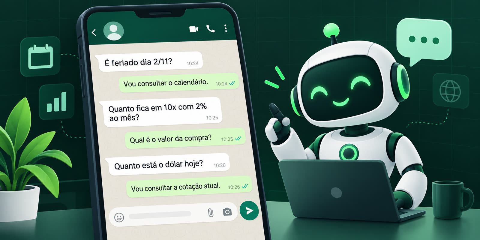 Agente do Simplafy Hub respondendo no WhatsApp sobre feriado, parcelas e dólar
